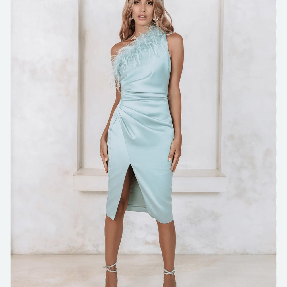 ALANA Feather One Shoulder Bonded
Satin Midi Dress In Sage